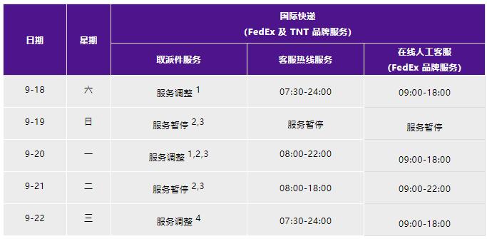 FedEx联邦国际快递中秋节放假安排